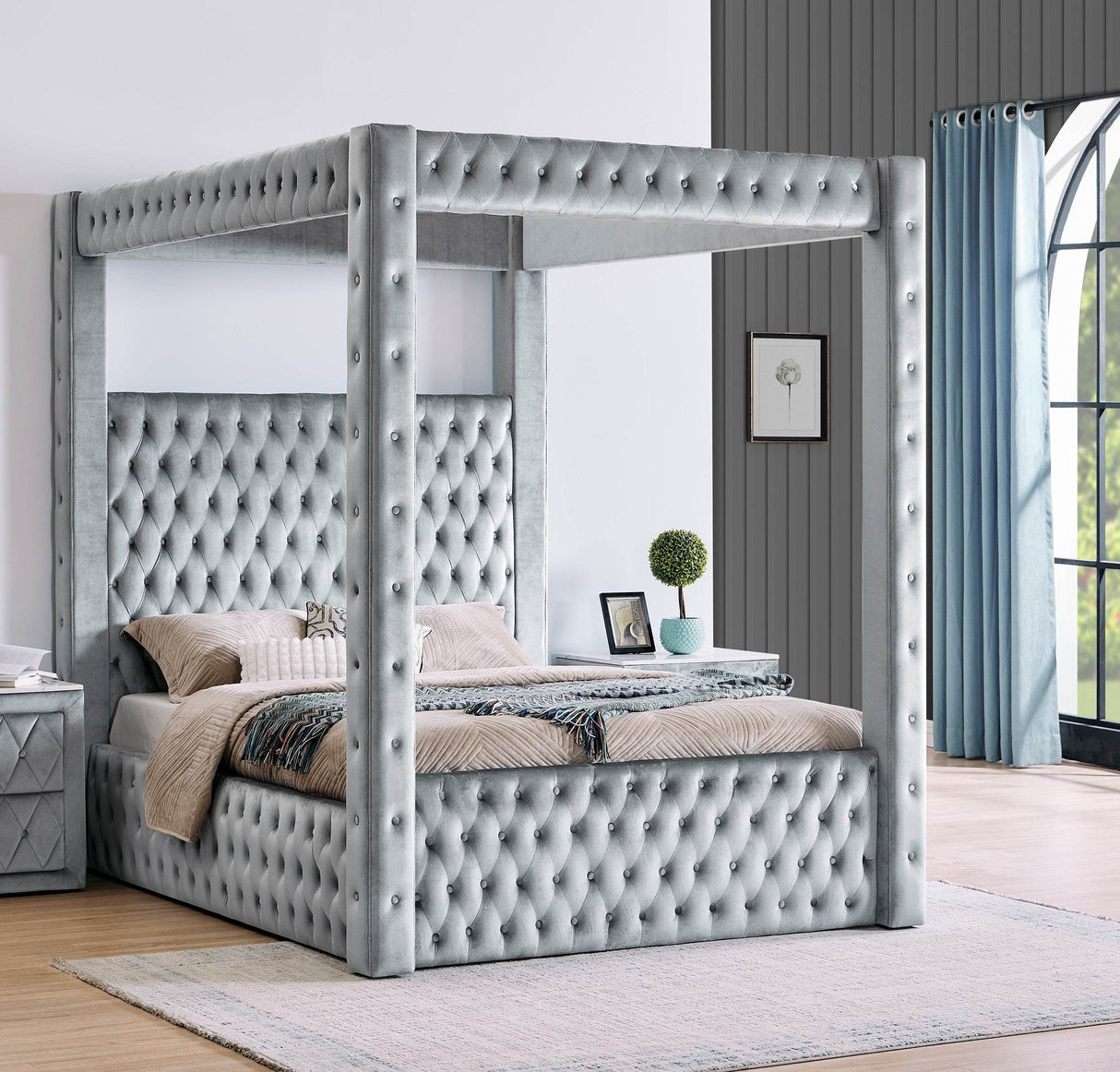 Modern Four-Poster Upholstered Gray Velvet Bed Frame