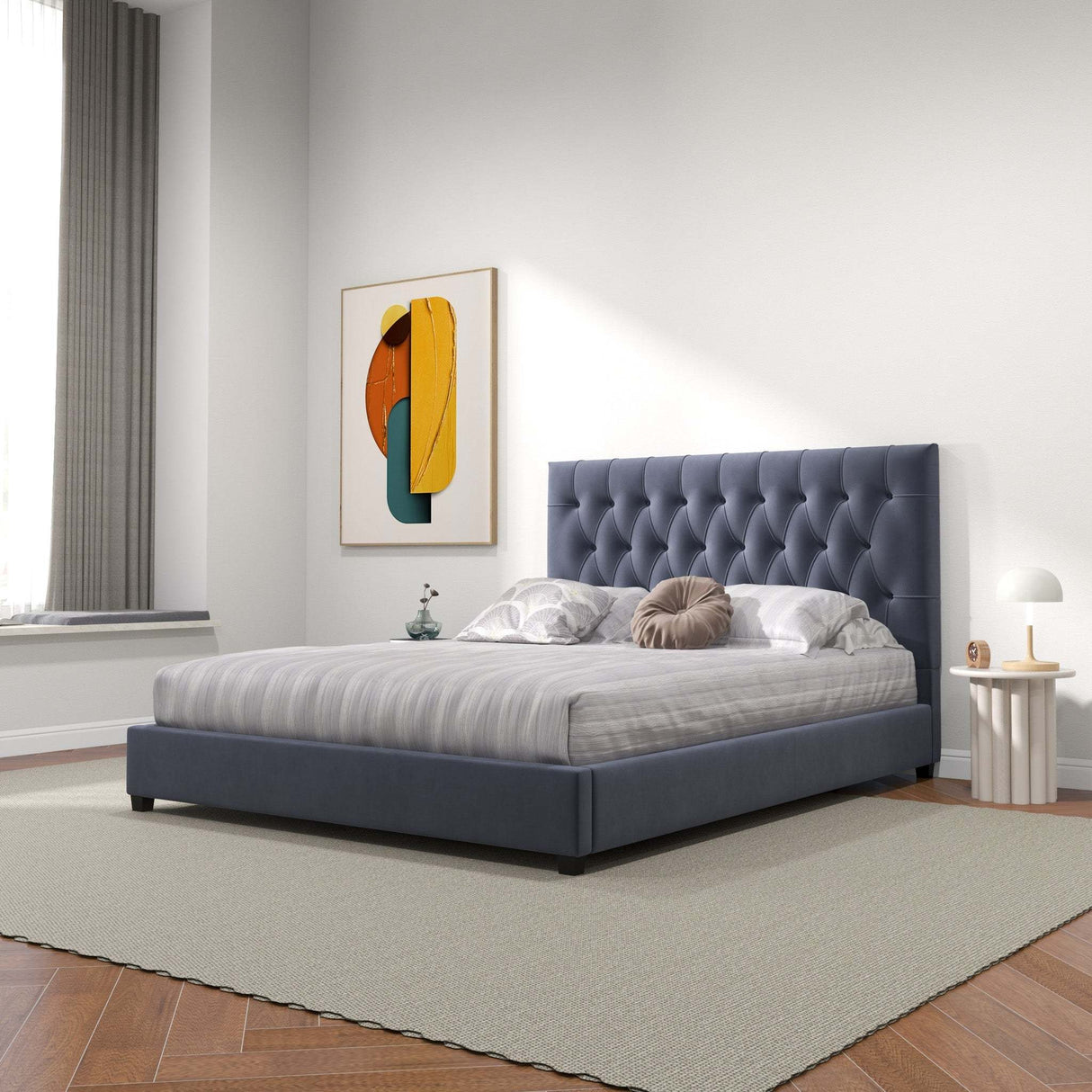 Queen Grey Velvet Mid Century Modern Upholstered Platform Bed