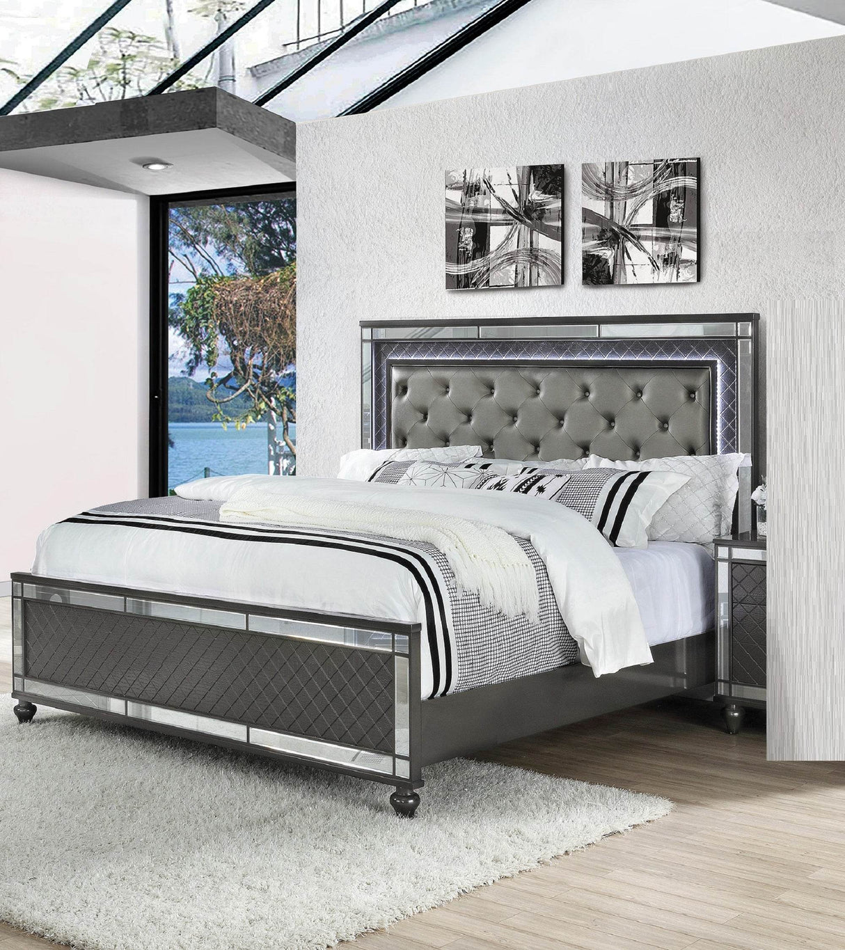 Modern Glam Queen Panel Bed Frame With LED Lights