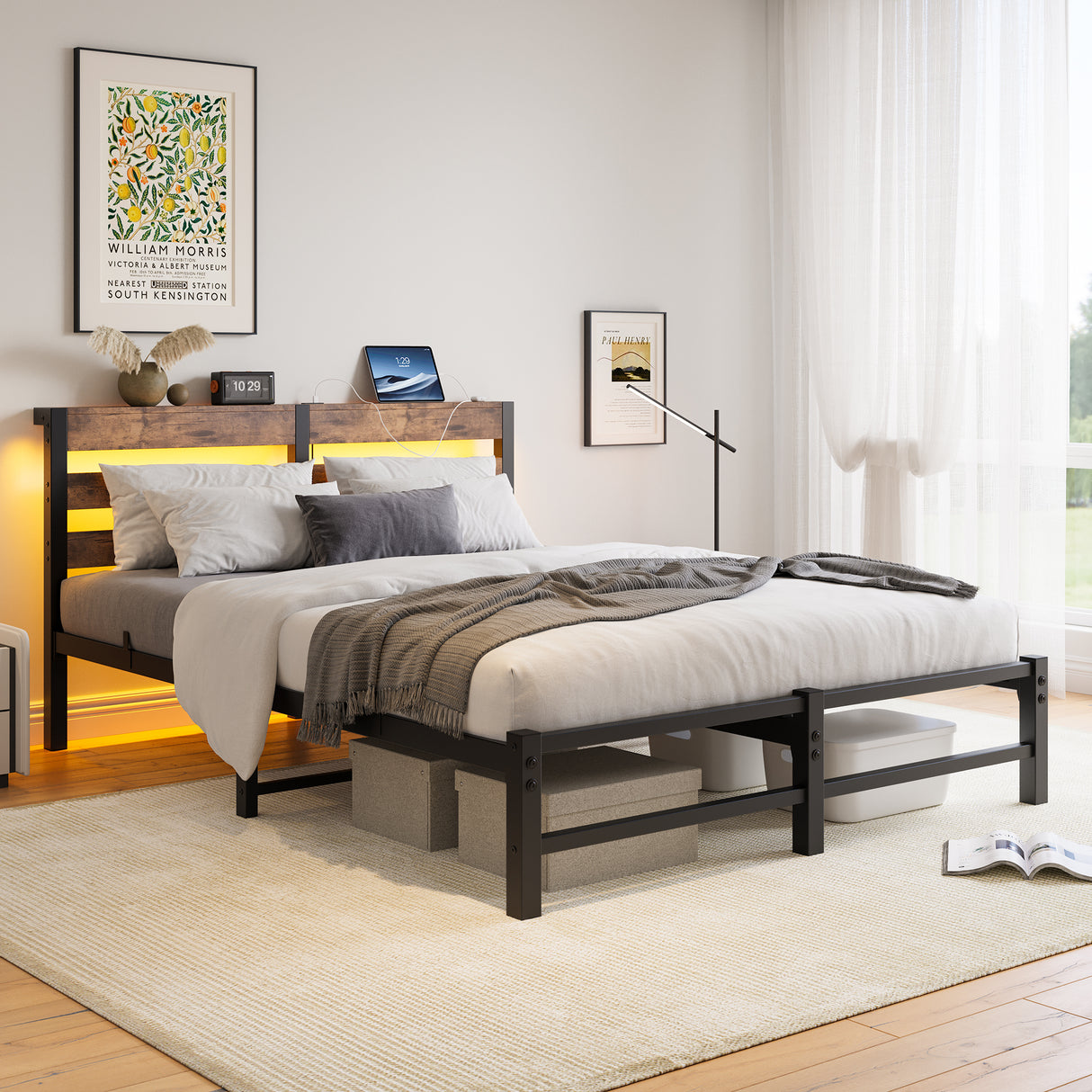Queen Metal And Wood Bed Frame With RGB Lighting