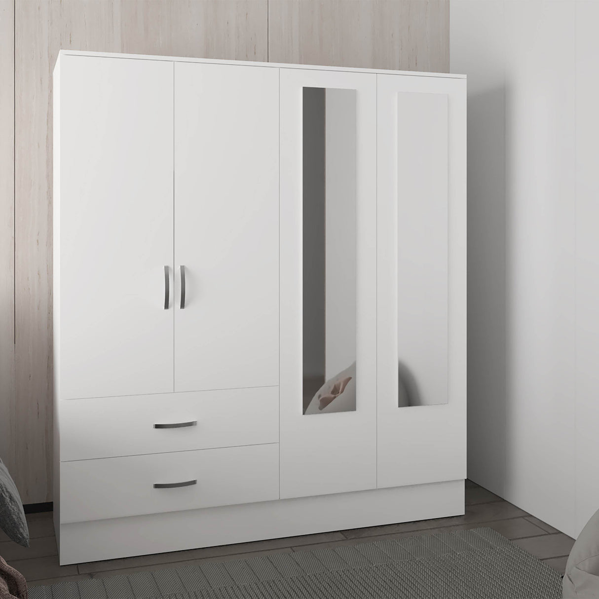 Modern White MDF Bedroom Armoire With Mirrors and Drawers