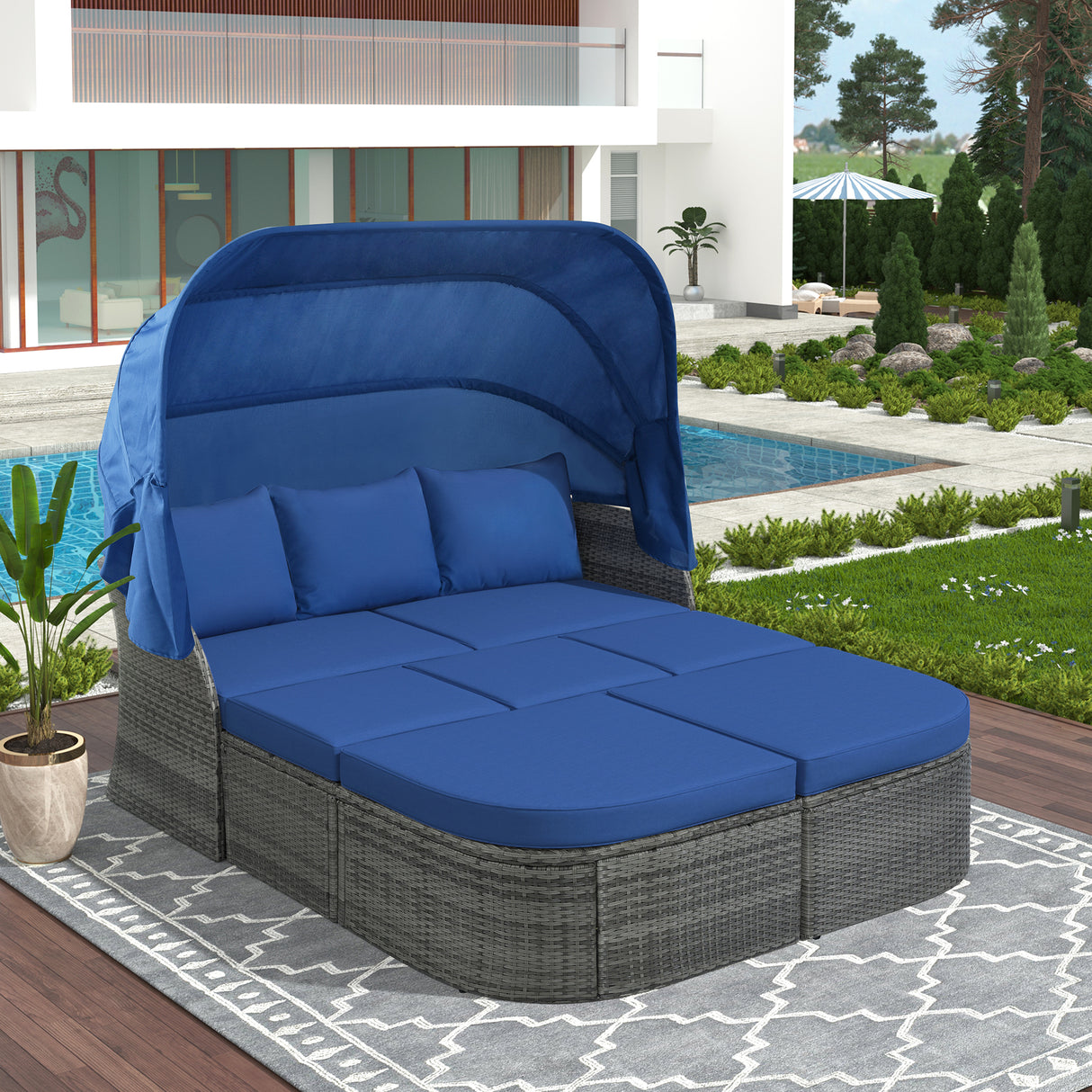 Outdoor Blue Rattan Patio Furniture Sunbed Set