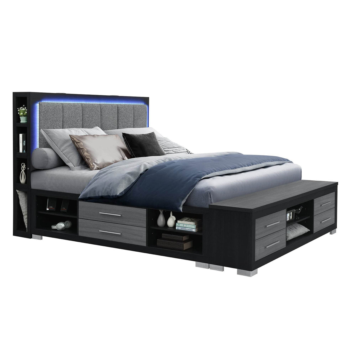 Modern Rubberwood King Bed Frame With Bookcase Storage