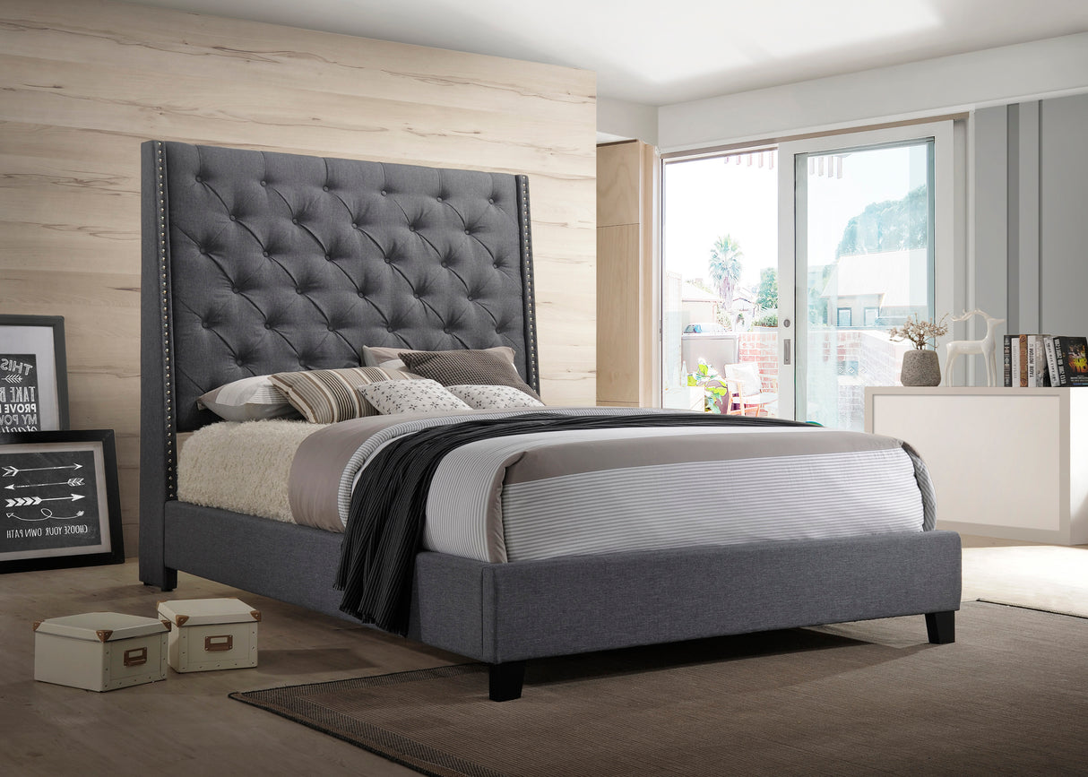 King Contemporary Upholstered Panel Bed With Nailhead Trim