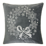 Gray Velvet Holiday Embroidered Snowflake Throw Pillow 20x20