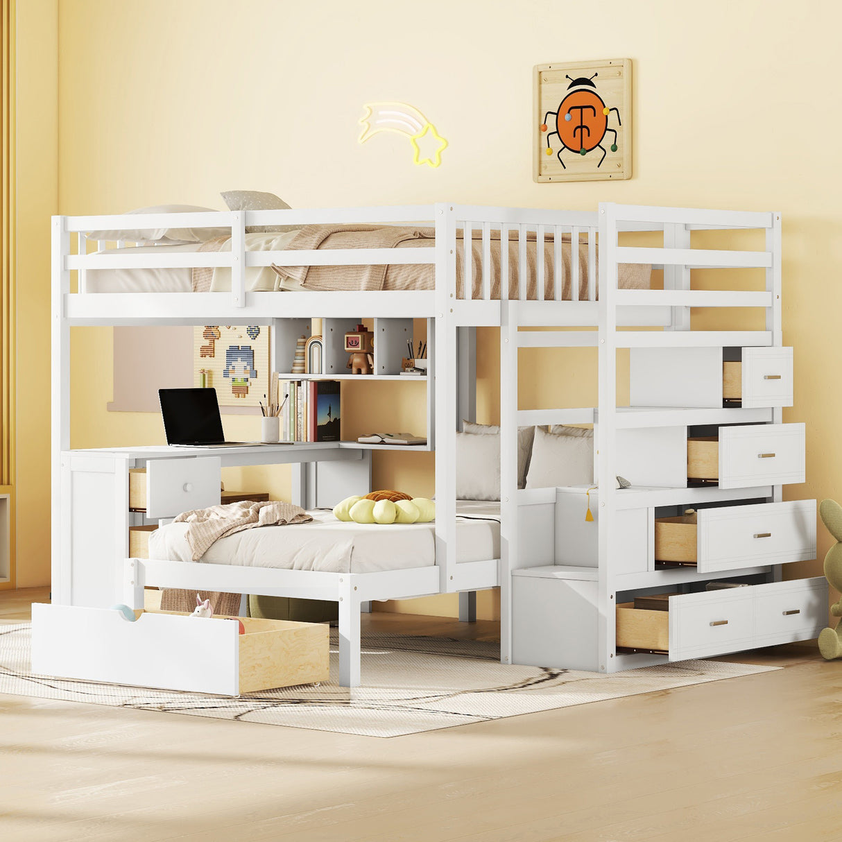 Full Over Twin Solid Wood Bunk Bed With Desk And Storage