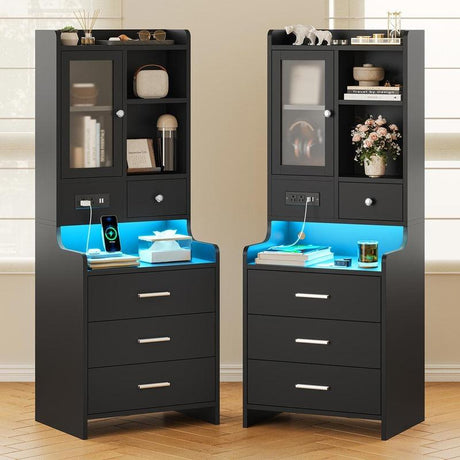 Sikaic LED Tall Nightstand with Charging Station Drawers Shelves Glass Door Storage