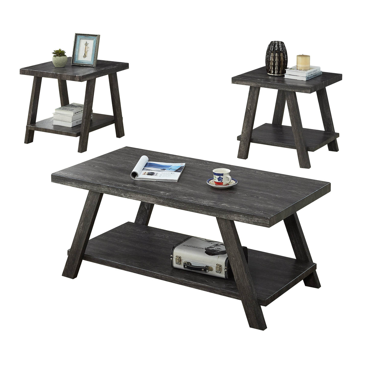 Contemporary Wood Shelf Coffee Table Set Charcoal Finish - Sleep Galleria
