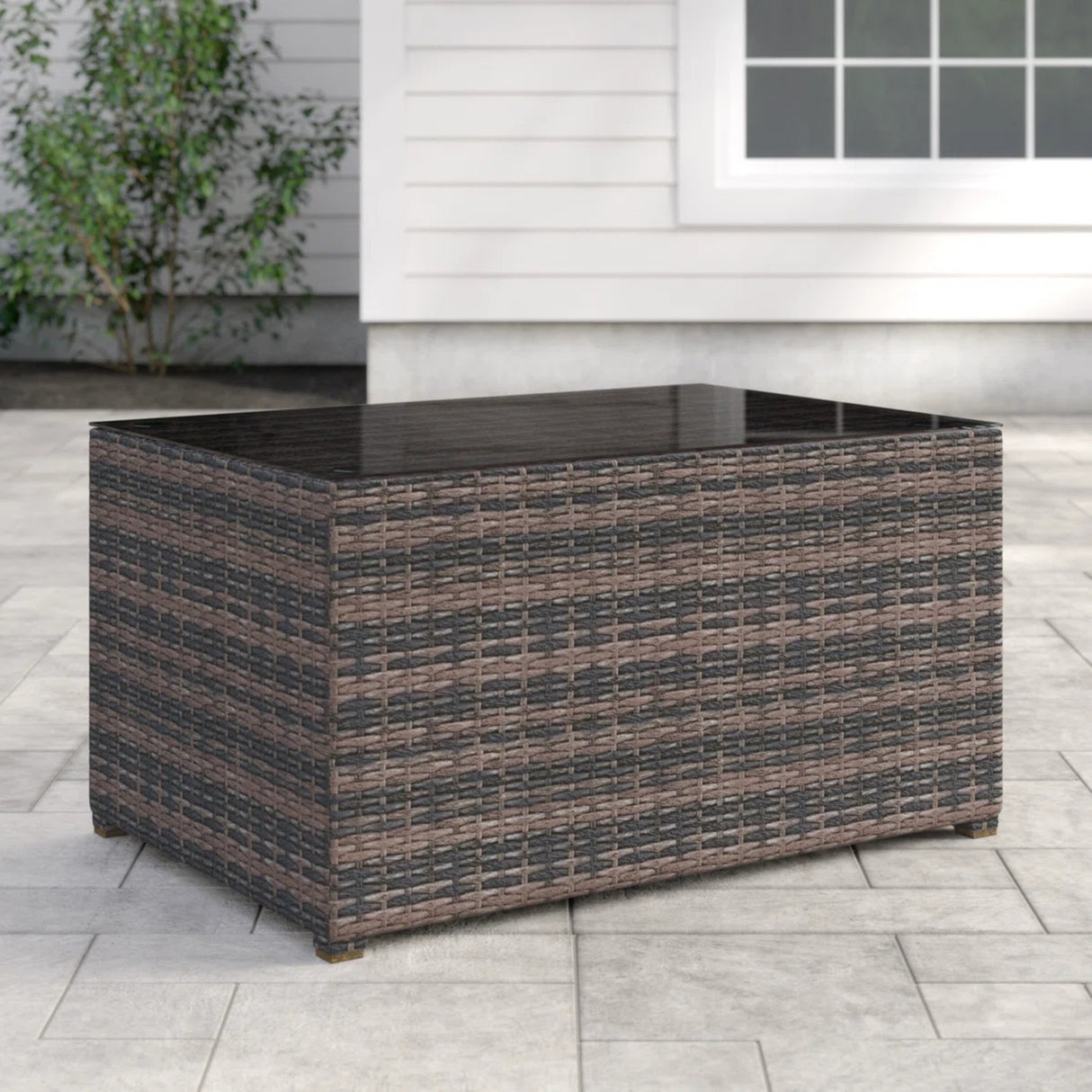 Rectangular Glass Top Wicker Outdoor Fire Pit Table
