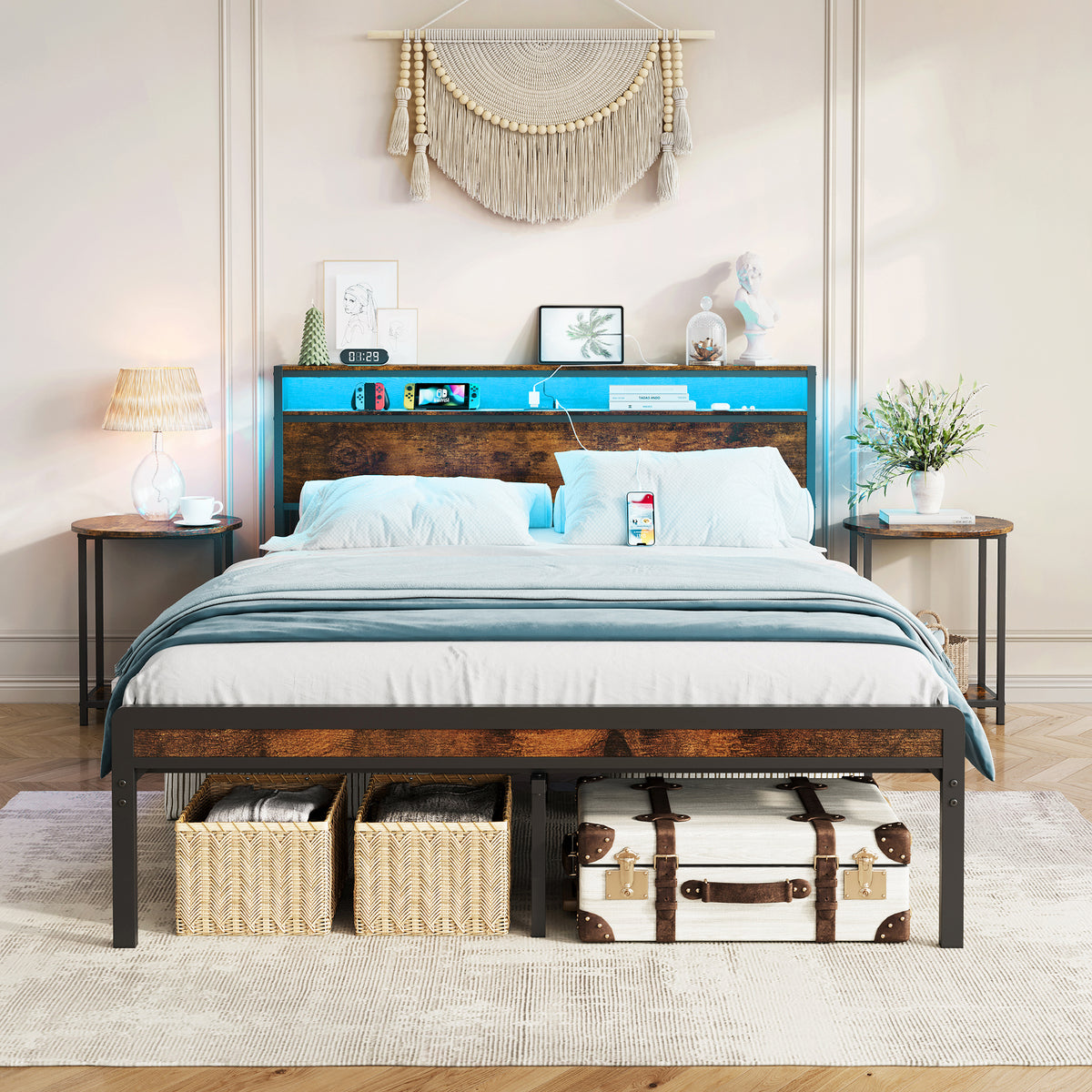 Full Rustic Brown Metal Full Bed Frame With Charging