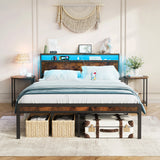 Full Rustic Brown Metal Full Bed Frame With Charging