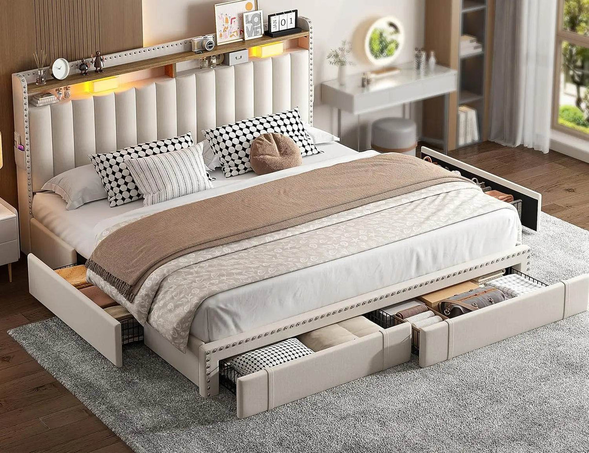 Upholstered Bed Frame with Storage Drawers - Sleep Galleria