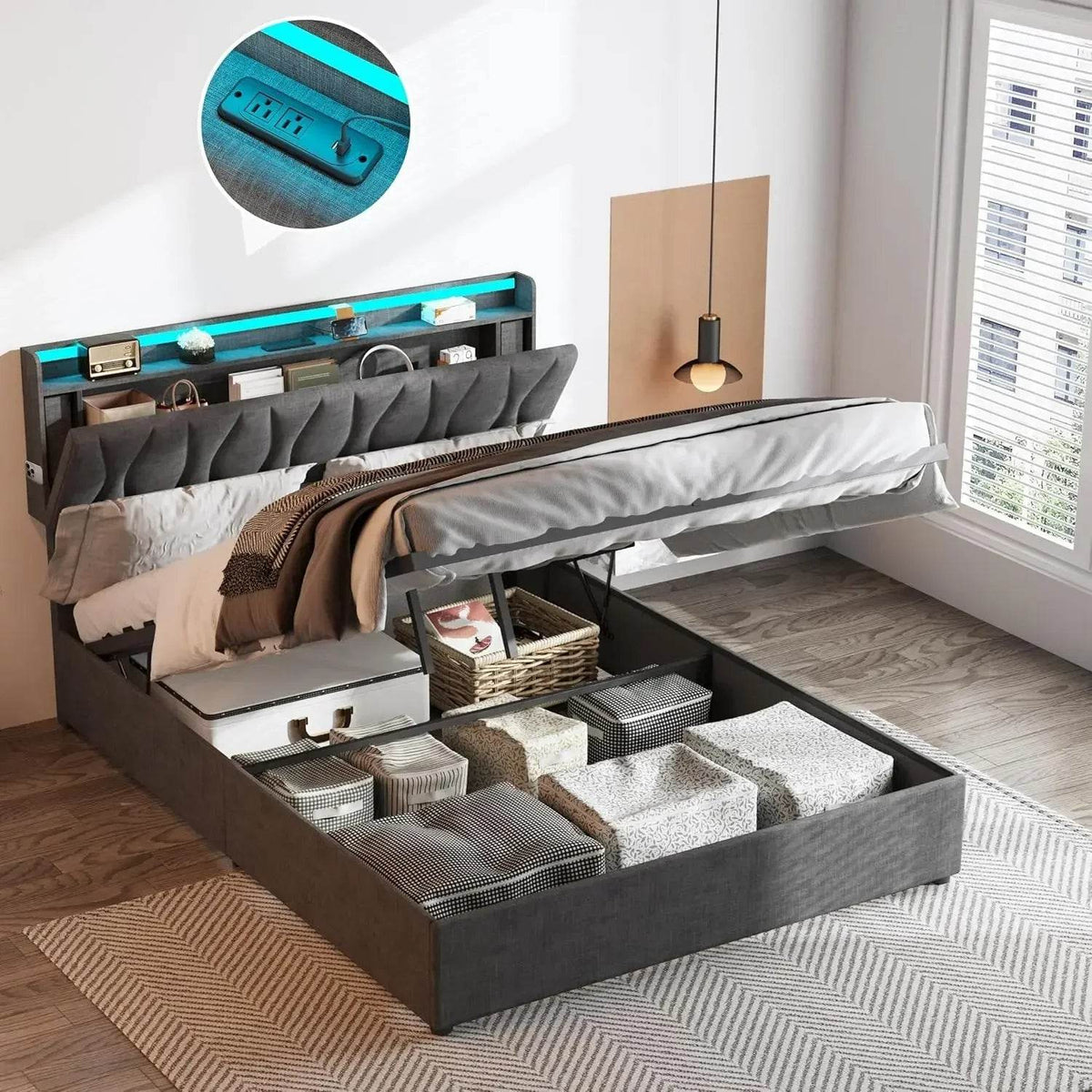 Adjustable Storage Bed Frame With Charging Station - XMSJ - Sleep Galleria