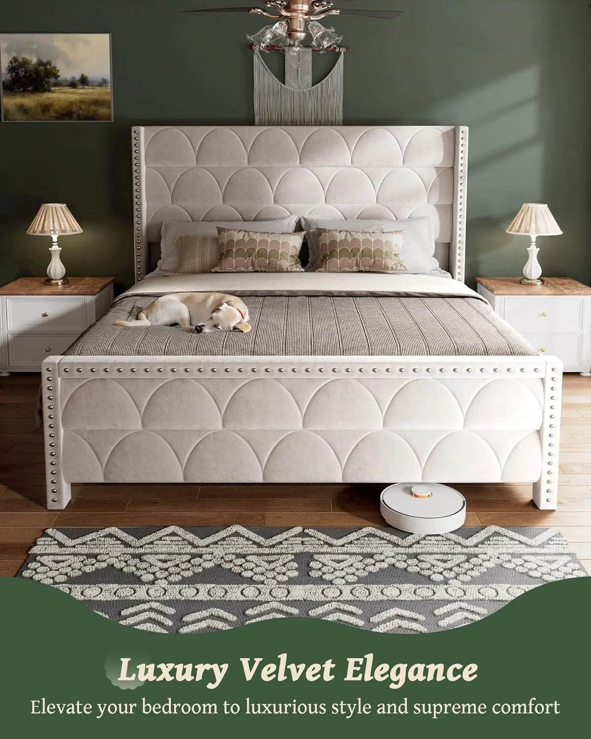 Velvet Upholstered Wingback Platform Bed Frame - XMSJ - Sleep Galleria