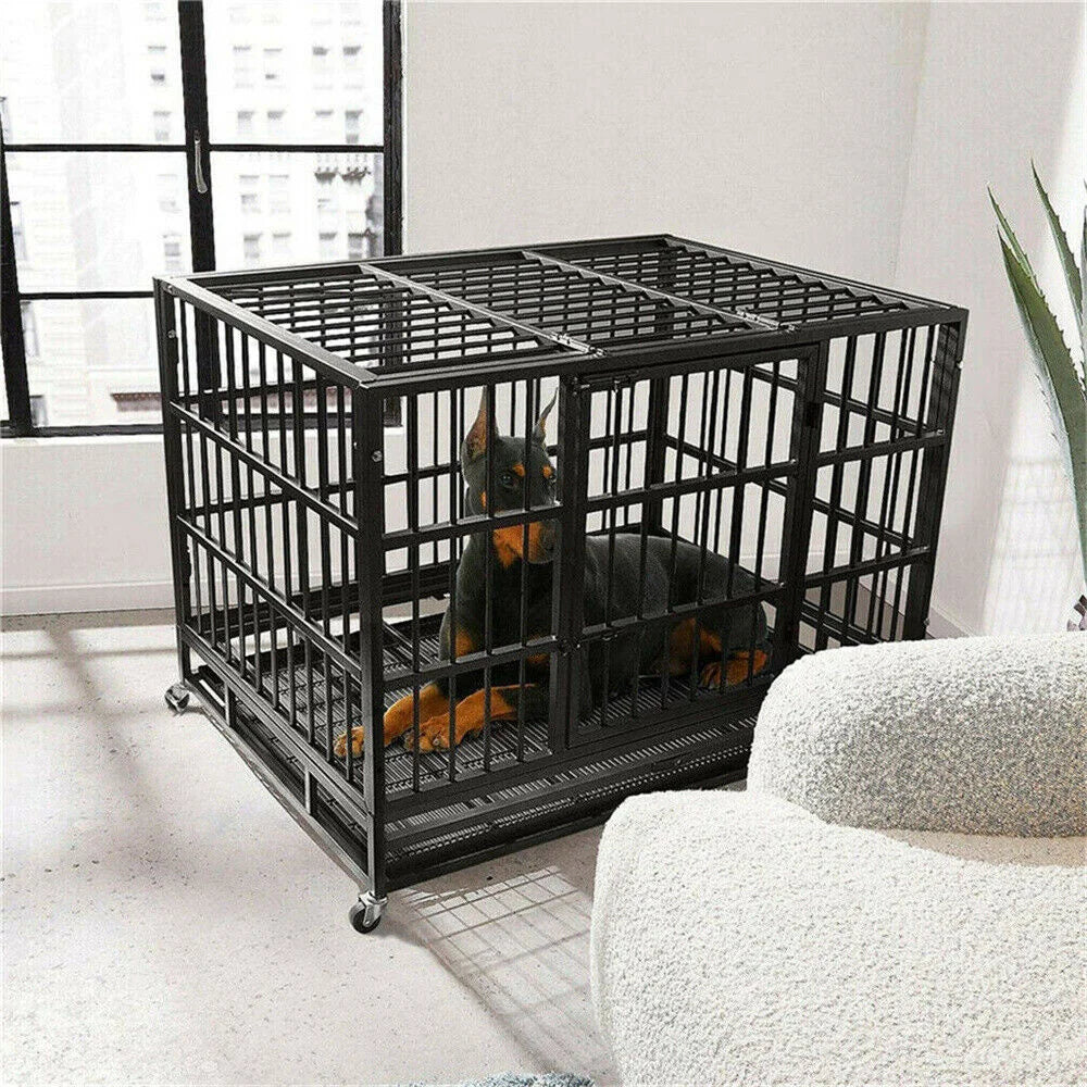 Heavy Duty Chew-Resistant Iron Dog Crate With Wheels