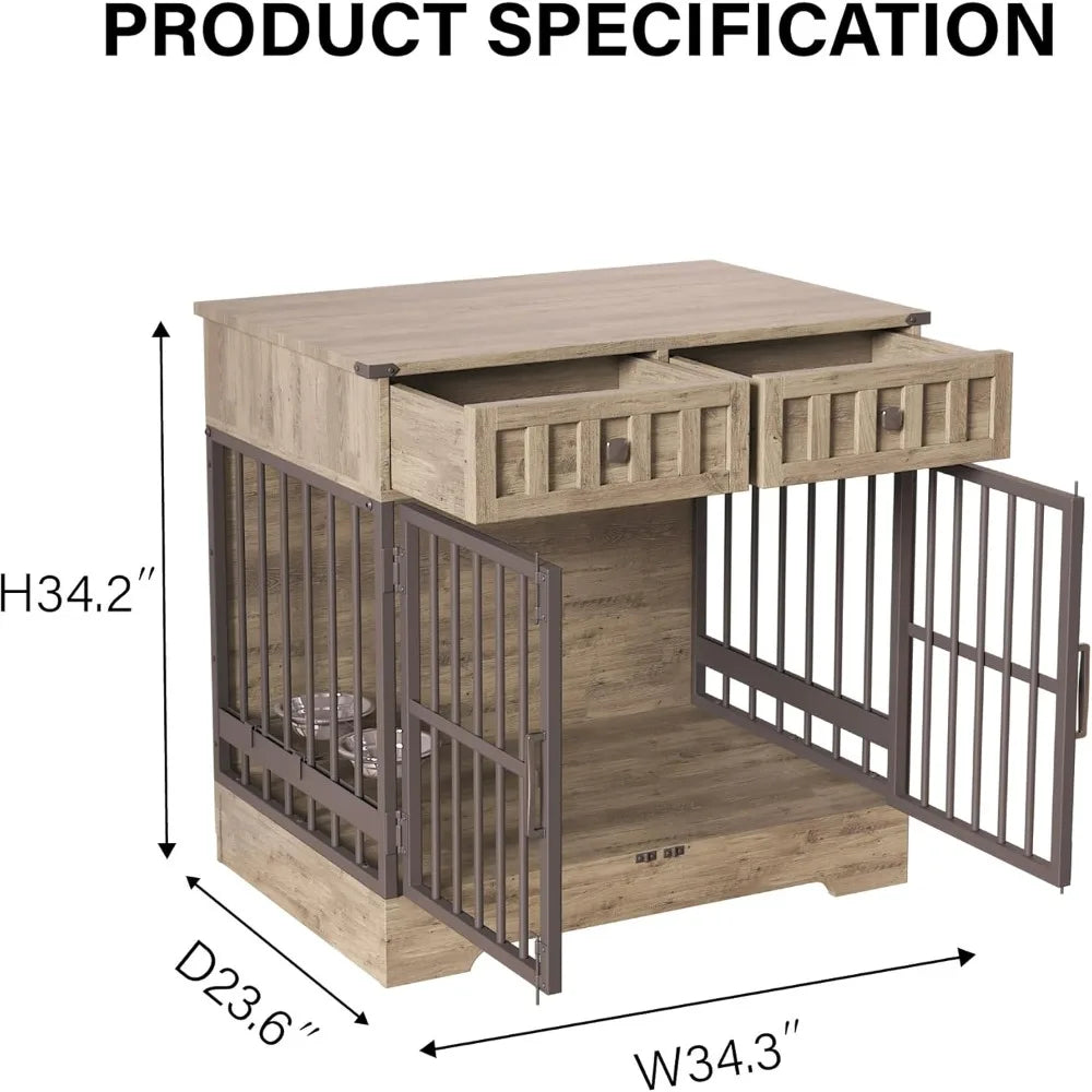 Indoor Wooden Dog Crate Furniture With Adjustable Feeder