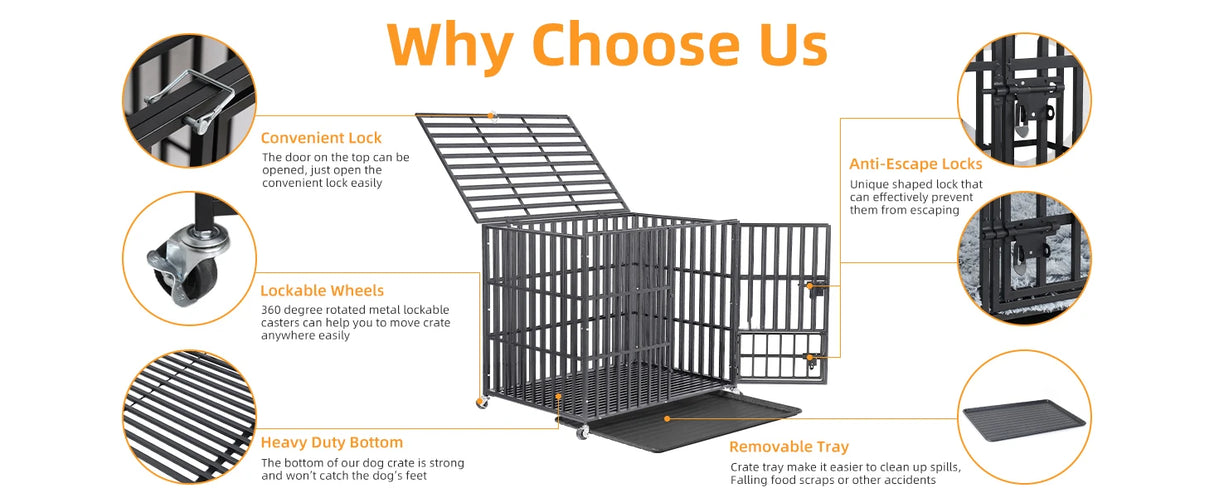 Heavy Duty Chew-Resistant Iron Dog Crate With Wheels