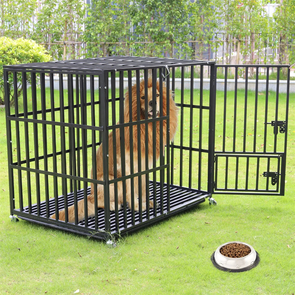 Heavy Duty Chew-Resistant Iron Dog Crate With Wheels