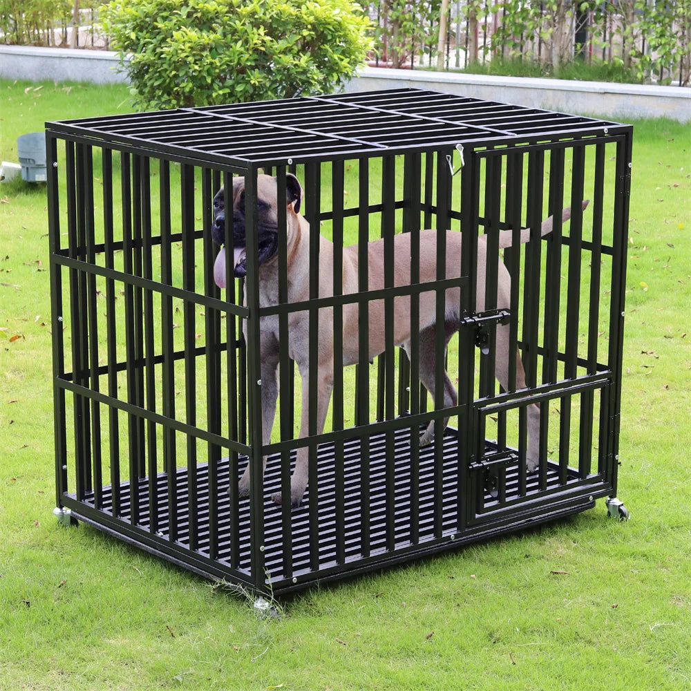 Heavy Duty Chew-Resistant Iron Dog Crate With Wheels