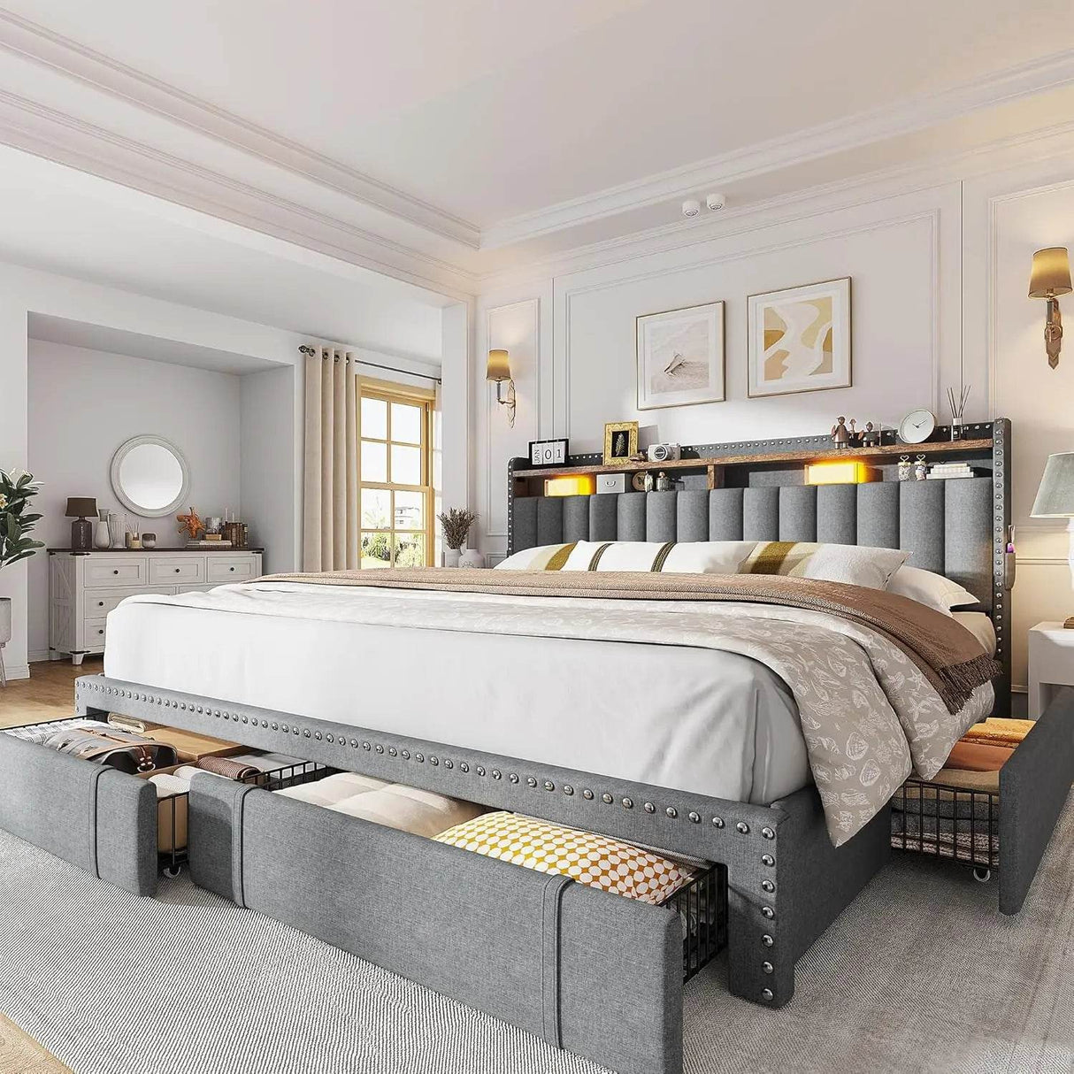 Upholstered Bed Frame with Storage Drawers - Sleep Galleria