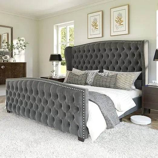 Velvet Upholstered Platform Bed Frame With Wingback Headboard - Sleep Galleria
