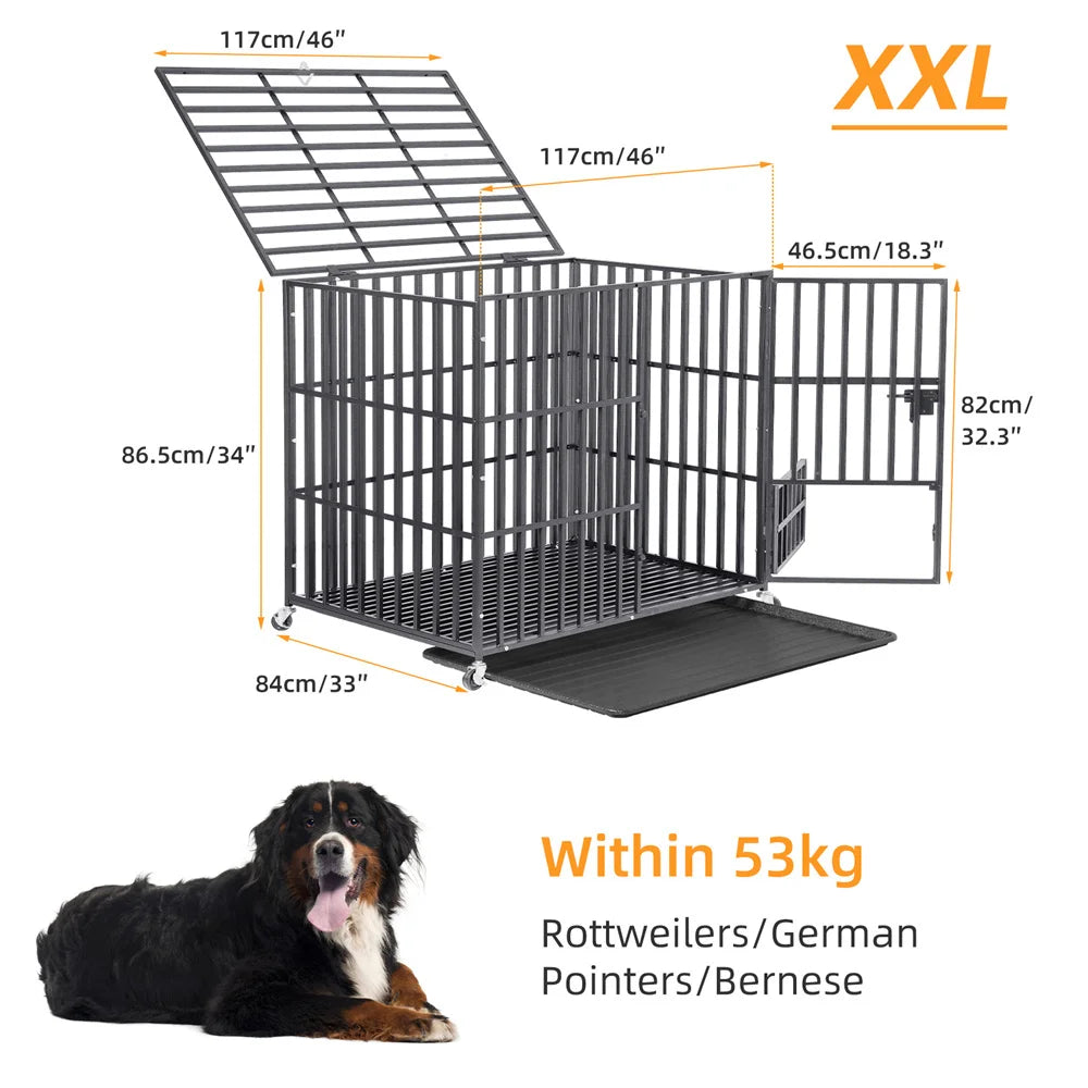 Heavy Duty Chew-Resistant Iron Dog Crate With Wheels