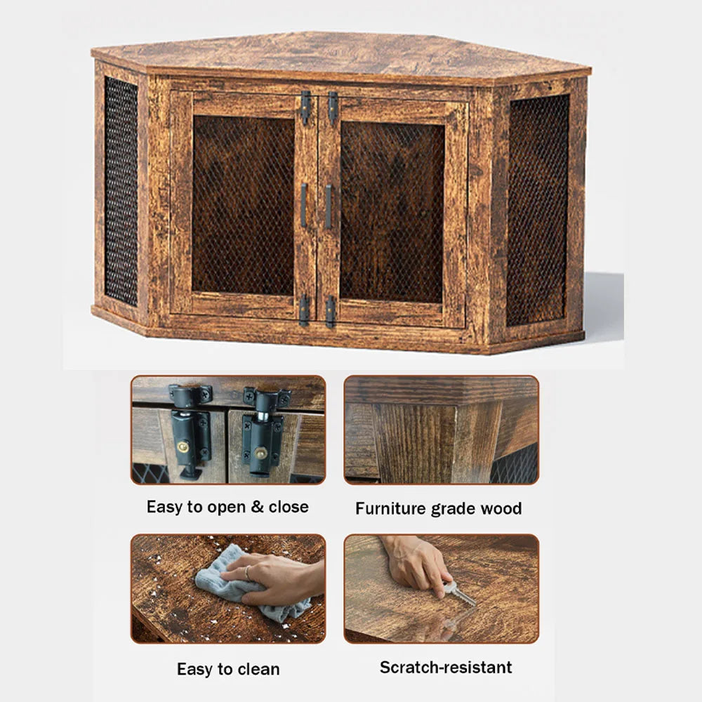 Retro Wooden Space-Saving Corner Pet Dog House