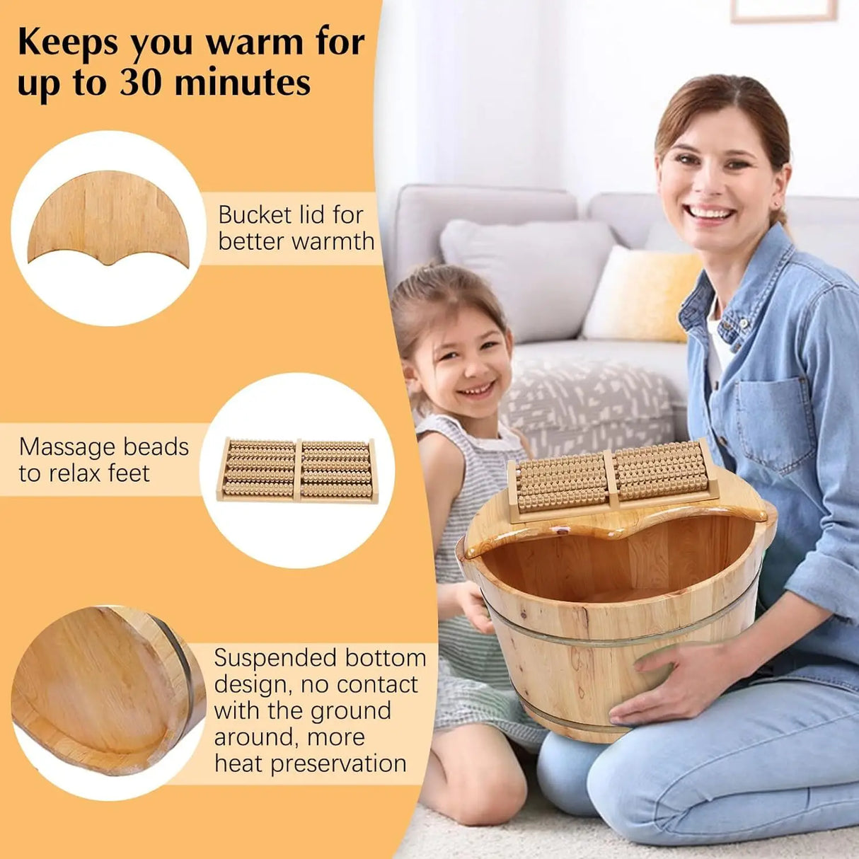 Cedar Wood Foot Bath Bucket With Massage Roller