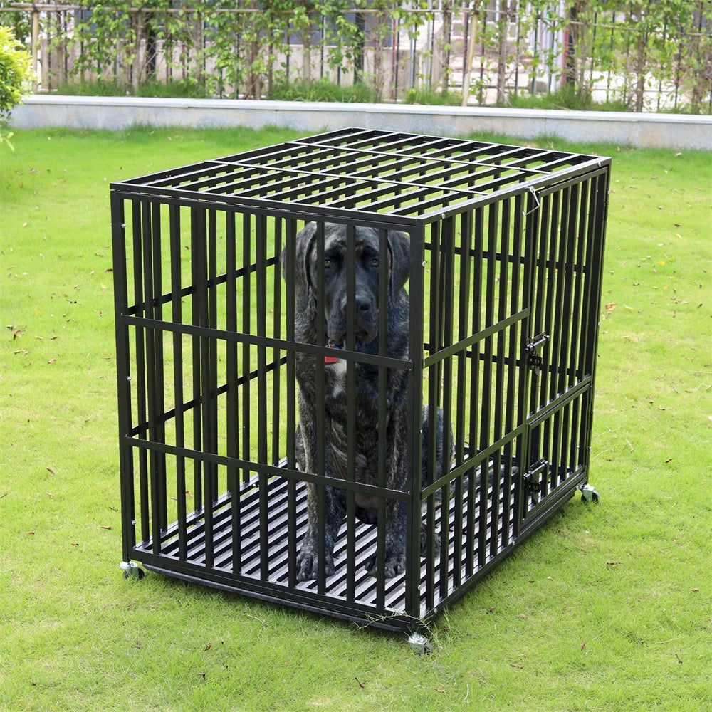 Heavy Duty Chew-Resistant Iron Dog Crate With Wheels