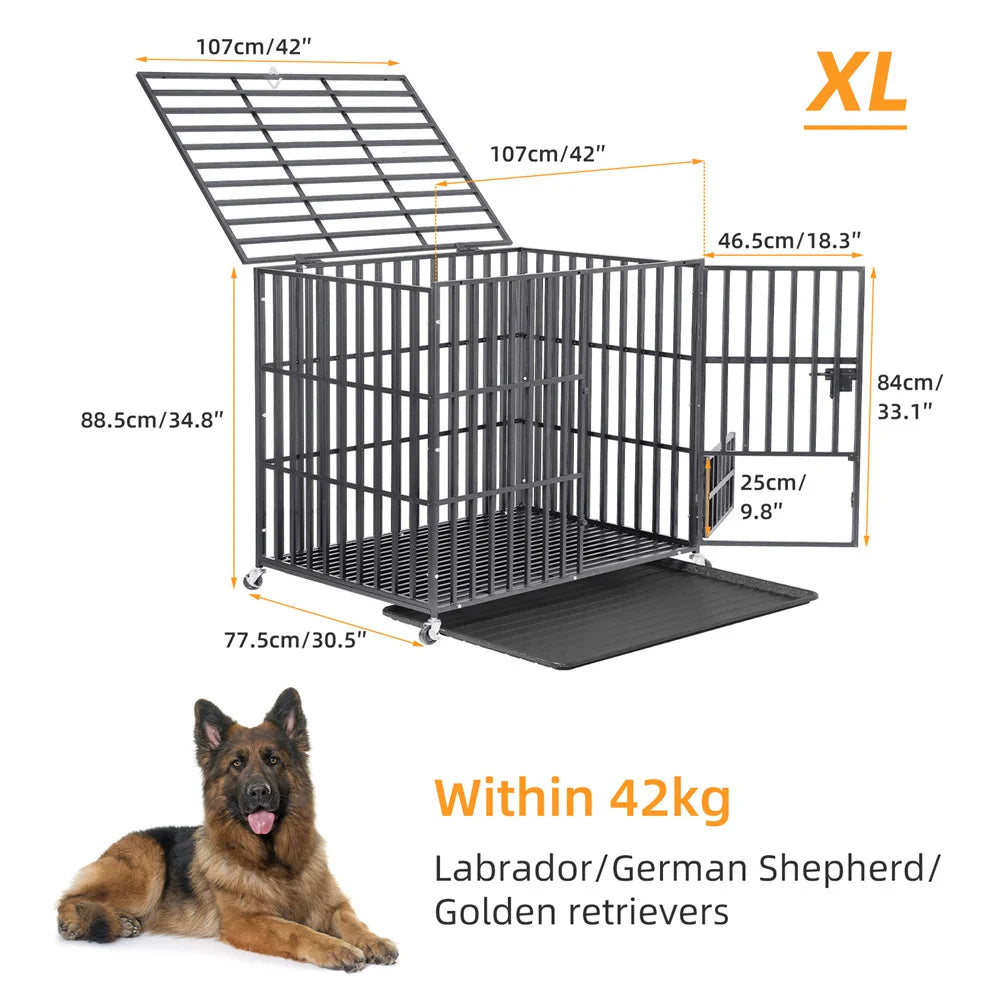 Heavy Duty Chew-Resistant Iron Dog Crate With Wheels