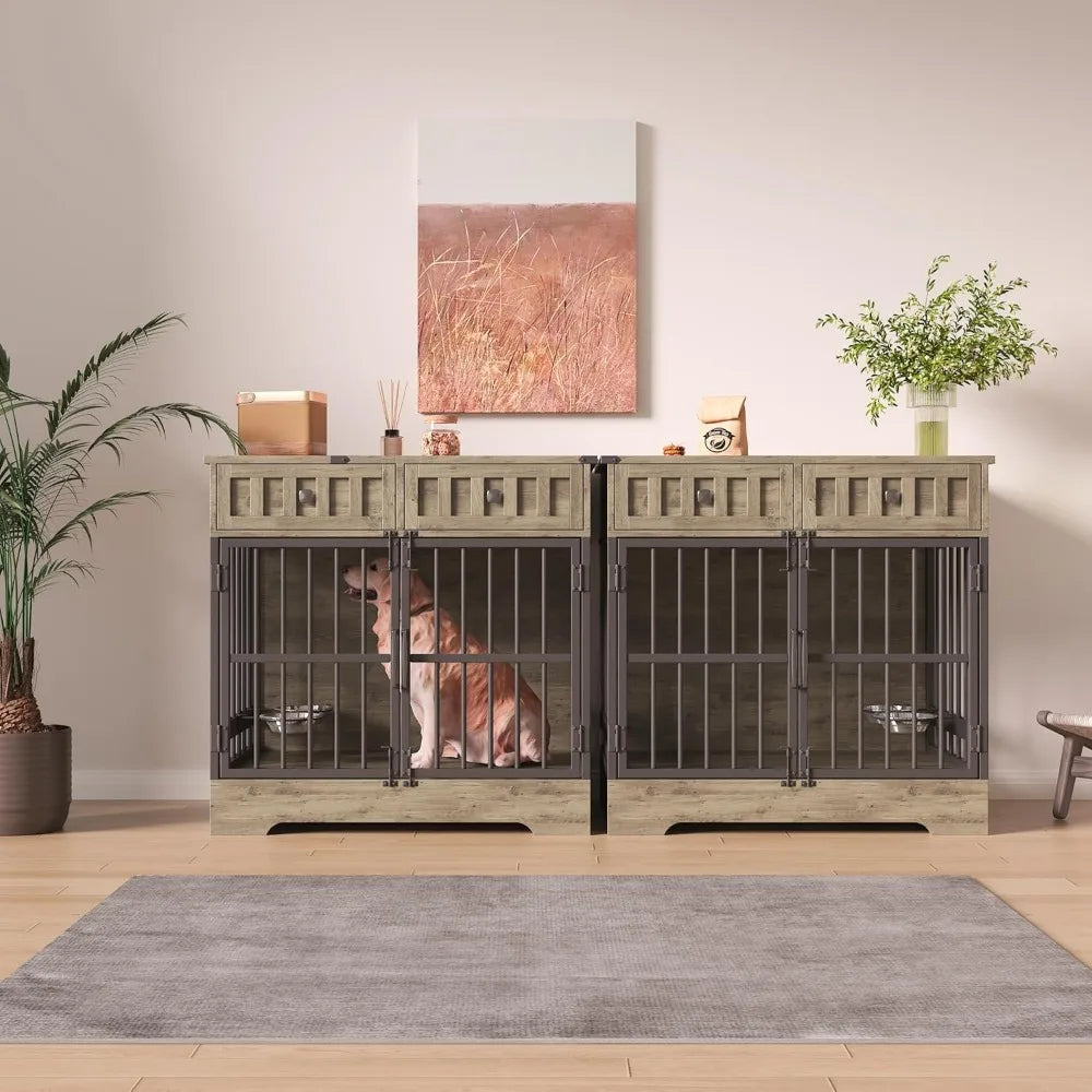 Indoor Wooden Dog Crate Furniture With Adjustable Feeder