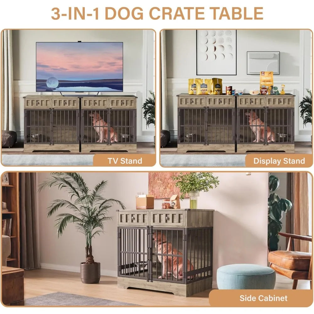 Indoor Wooden Dog Crate Furniture With Adjustable Feeder