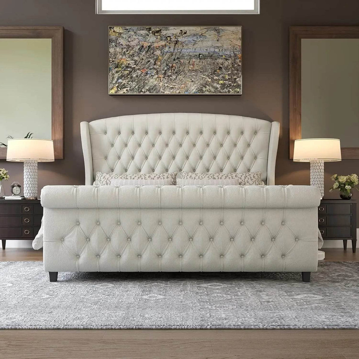 Chenille Upholstered Sleigh Bed Frame - Sleep Galleria