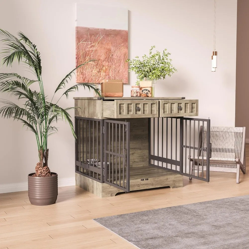 Indoor Wooden Dog Crate Furniture With Adjustable Feeder
