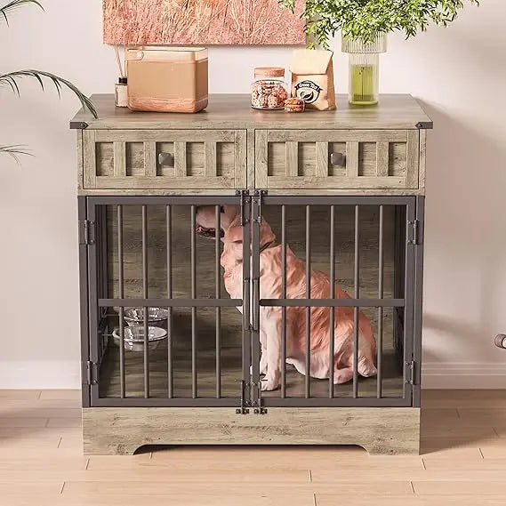 Indoor Wooden Dog Crate Furniture With Adjustable Feeder