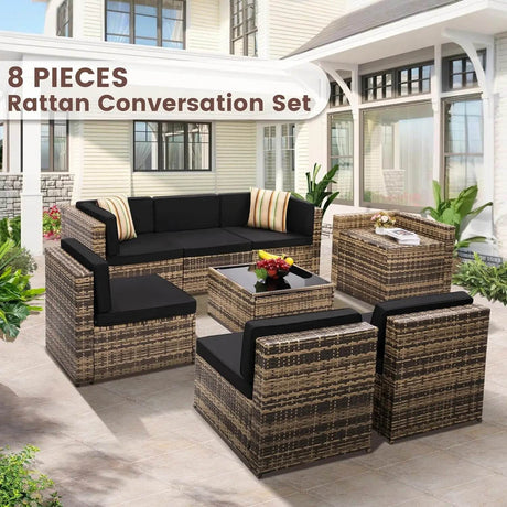 8 - Piece Outdoor Rattan Patio Furniture Set - XMSJ - Sleep Galleria
