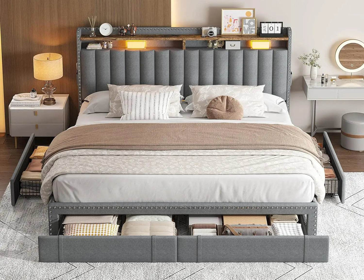 Upholstered Bed Frame with Storage Drawers - Sleep Galleria