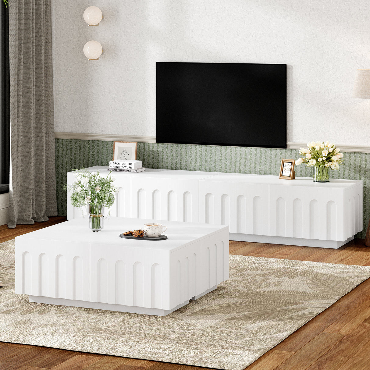 Elegant White MDF TV Stand And Coffee Table Set