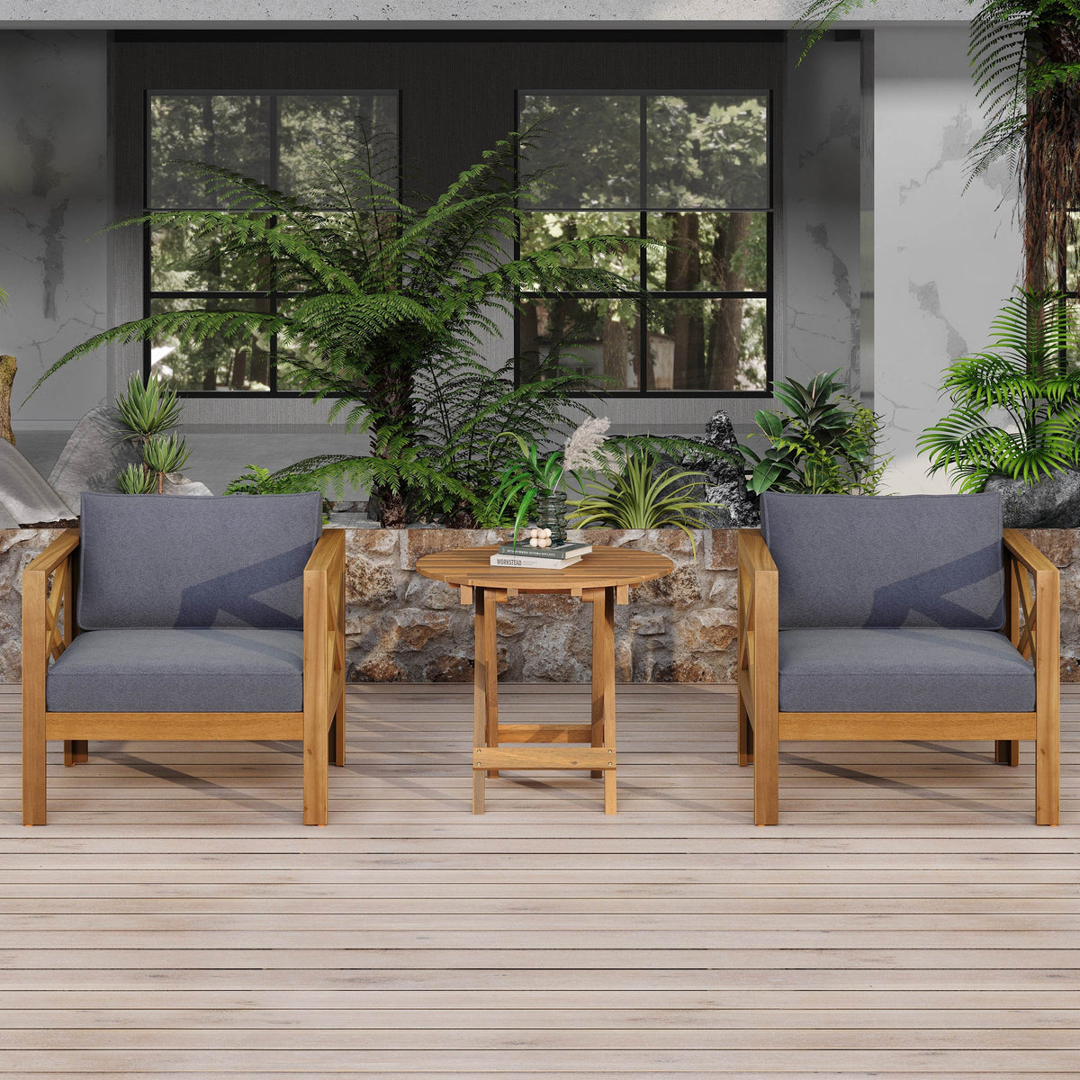 Set of 2 Acacia Wood Outdoor Club Chairs With Table
