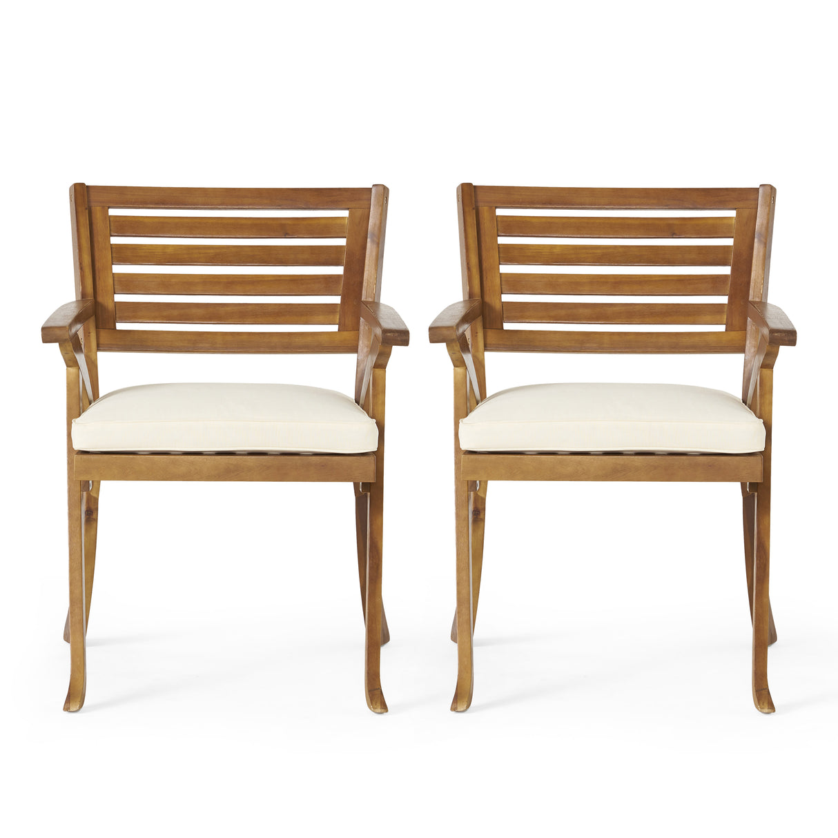 Pair Of Acacia Wood Outdoor Dining Armchairs With Cushions