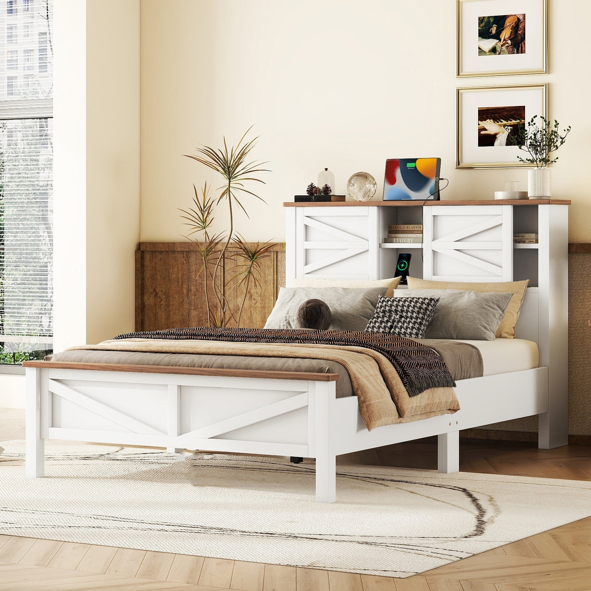 Full Platform Bed With Double Sliding Barn Door Charging Station