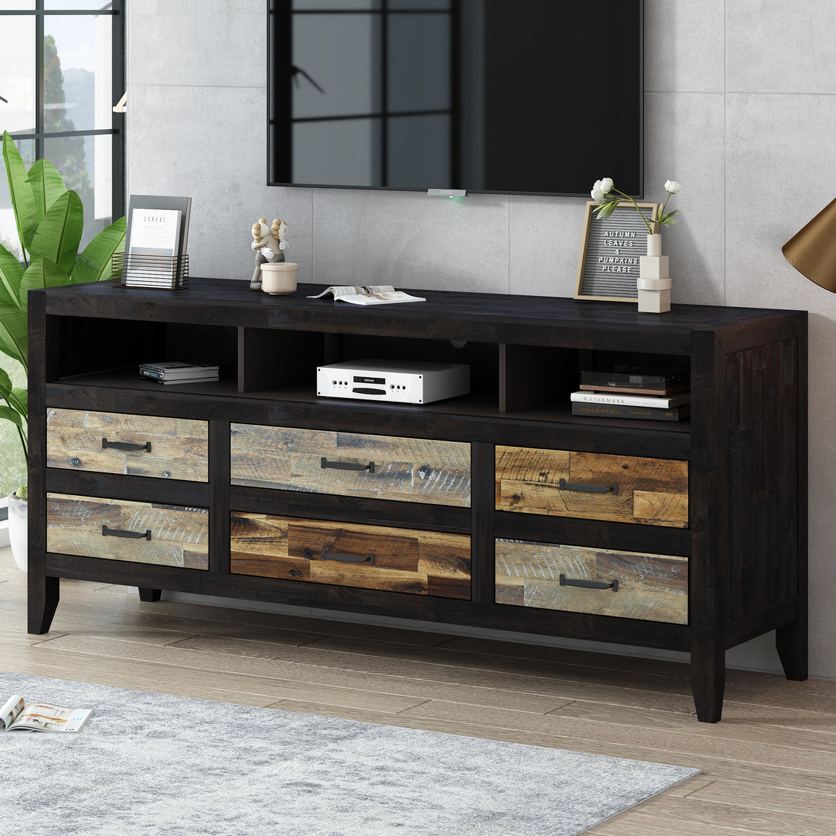 Retro Distressed Solid Wood TV Stand With Drawers