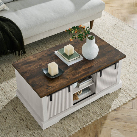 Rustic Sliding Barn Door Coffee Table With Storage - Sleep Galleria