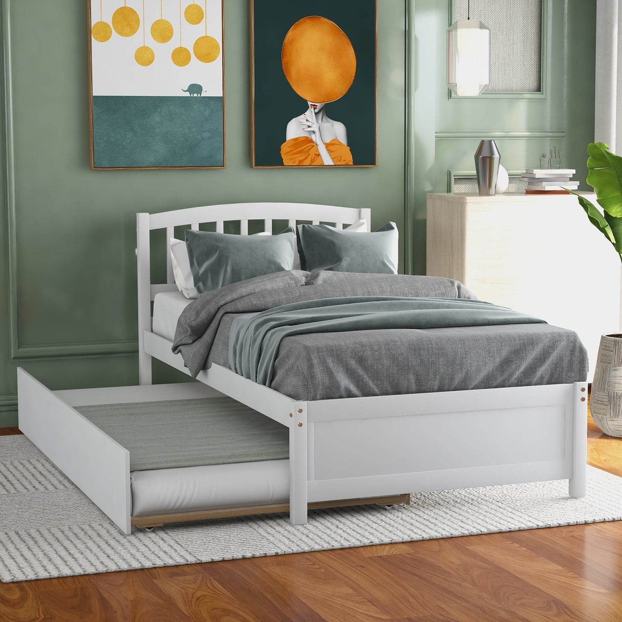 Twin White Solid Wood Platform Bed Frame With Trundle