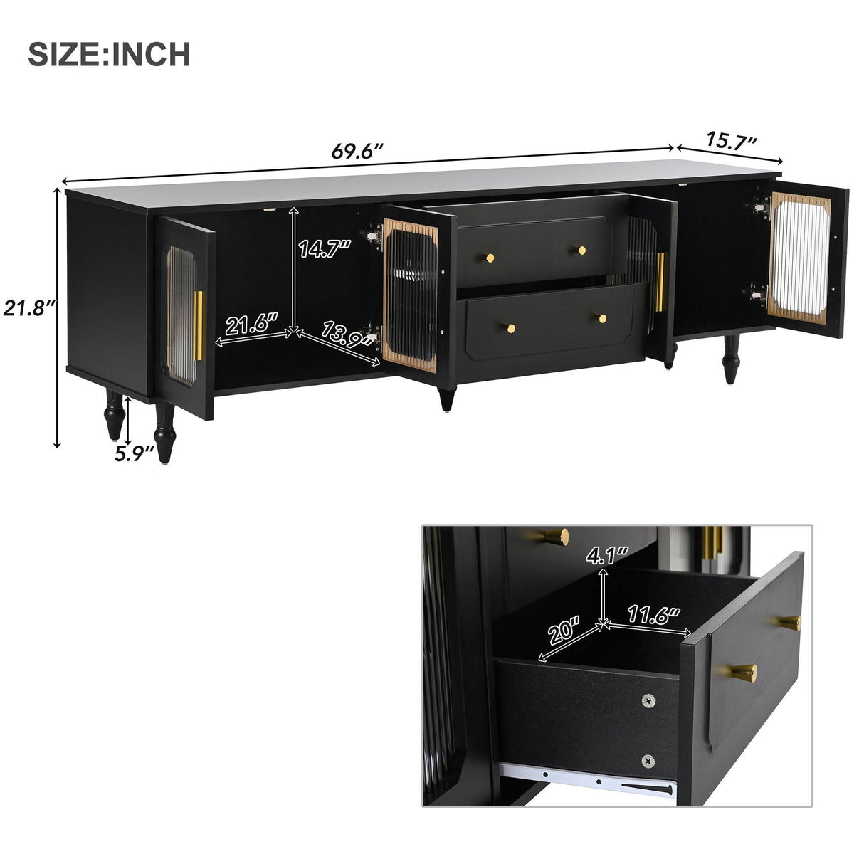 Retro Vintage Black TV Stand With Fluted Glass Doors - Sleep Galleria