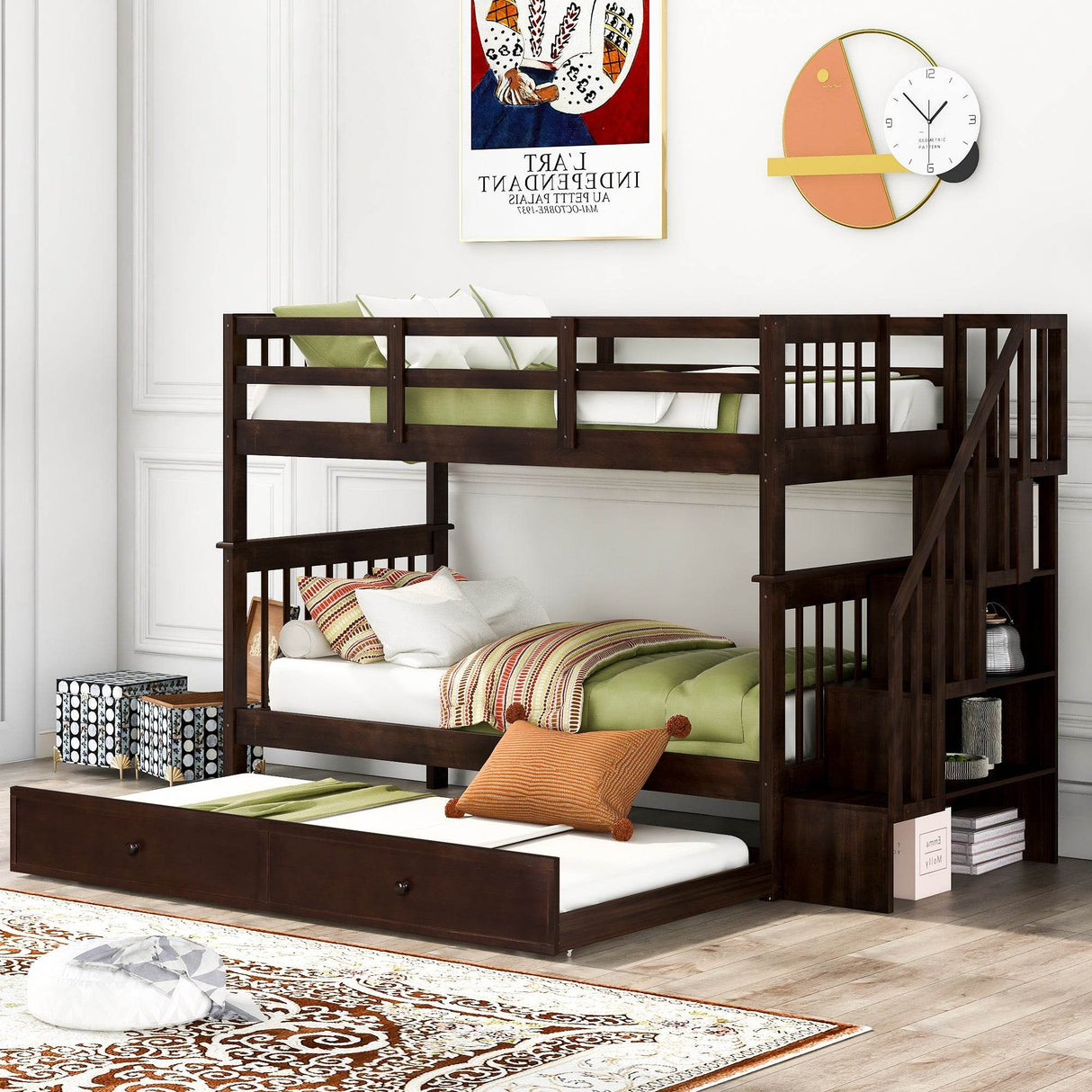 Twin-Over-Twin Solid Wood Stairway Bunk Bed With Trundle