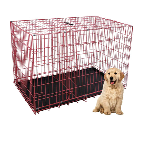 Durable Wire Dog Crate, Folding Metal Dog Kennel Double Door Dog Cage with Plastic Tray, Pet Crate for Large Dog Indoor Outdoor Travel (Blue, 36 Inch)