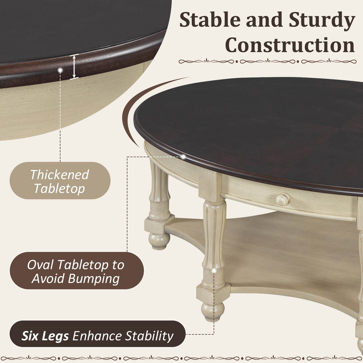 Vintage Oval Coffee Table With Drawer And Storage Shelf - Sleep Galleria