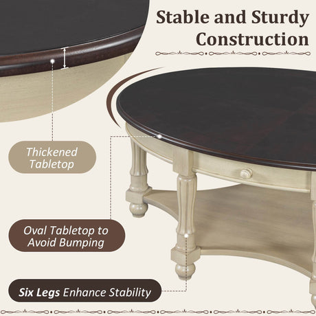 Vintage Oval Coffee Table With Drawer And Storage Shelf - Sleep Galleria