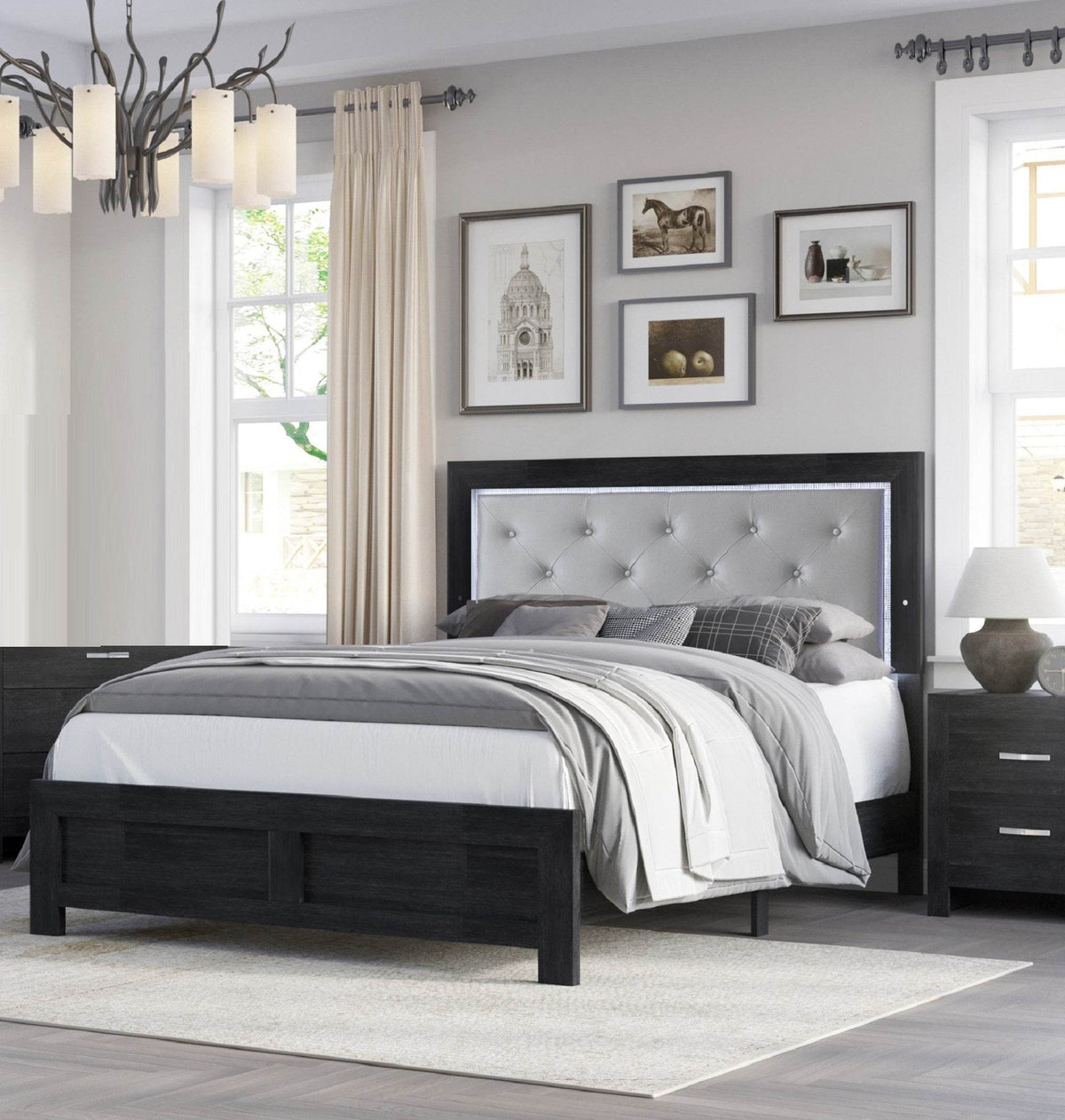 Modern King Panel Bed With LED Upholstered Headboard